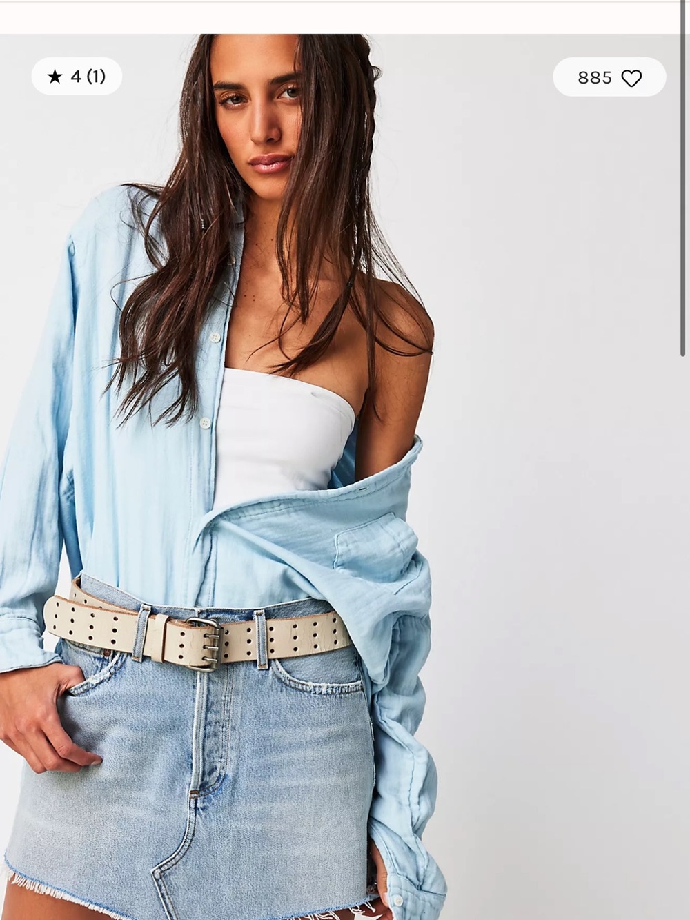 Free People Light Blue Denim Mini Skirt with Cream Studded Belt